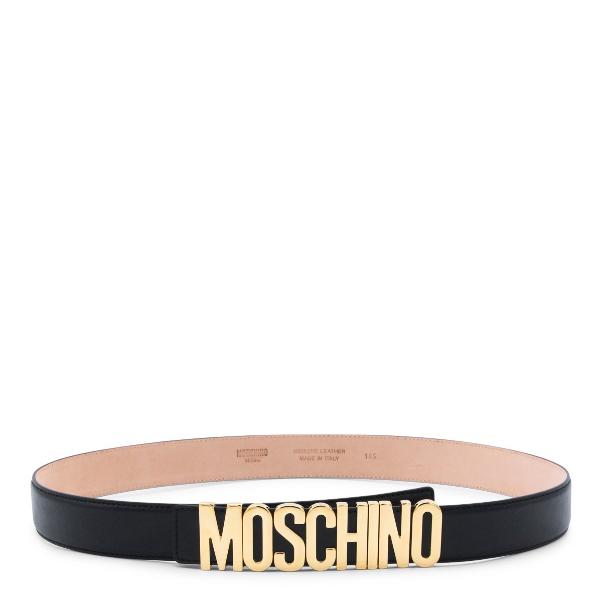 Moschino Leather Belt with Gold Logo Buckle Zwart