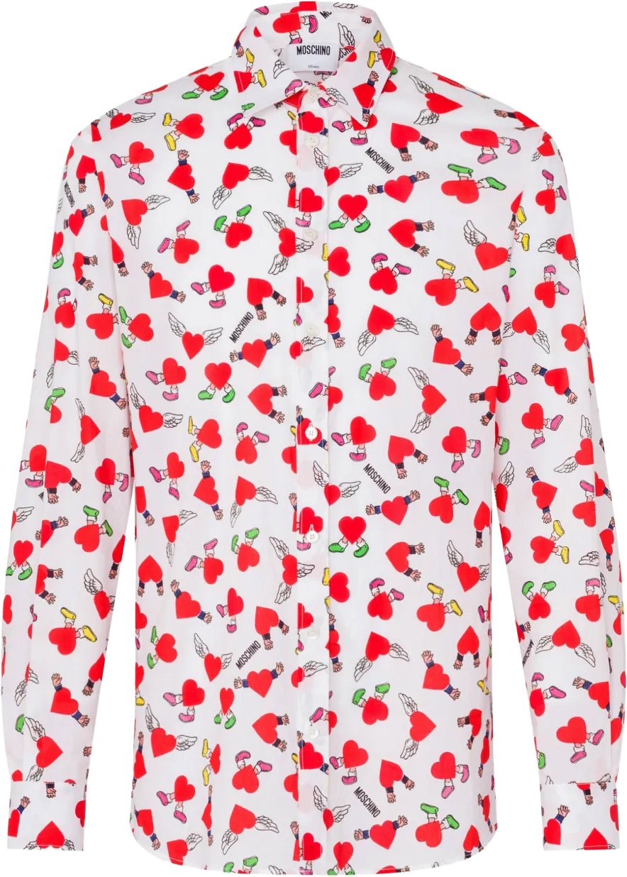 Moschino Long-Sleeve Button-Up Shirt With Playful Heart And Cherry Print Wit
