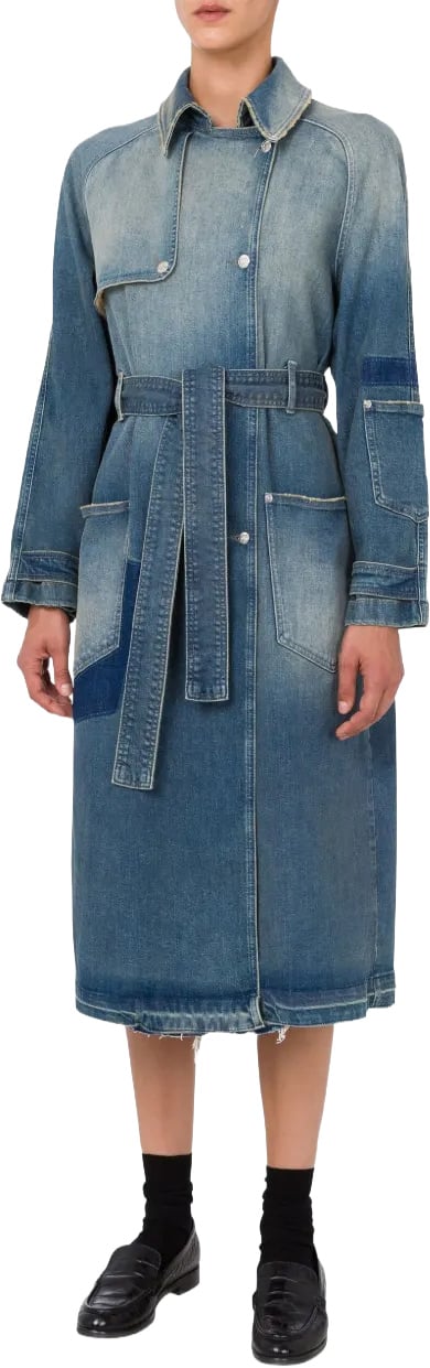 Moschino Mid-Length Denim Coat with Belted Waist Groen