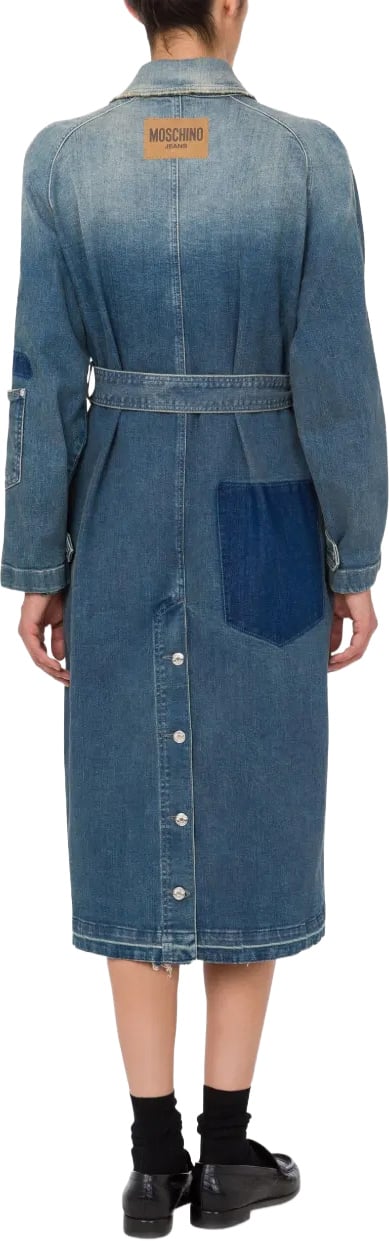 Moschino Mid-Length Denim Coat with Belted Waist Groen