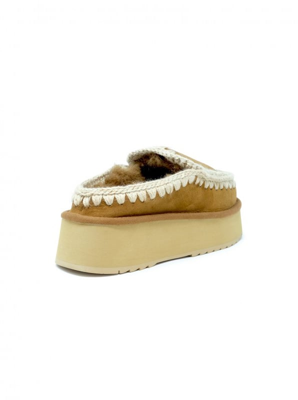 MOU MOU FW681004A COGNAC ESKIMO LEATHER WOOL RUBBER PLATFORM CLOG Bruin