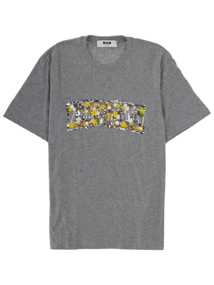 MSGM Black Sequin Floral Patch Cotton T-Shirt Grijs