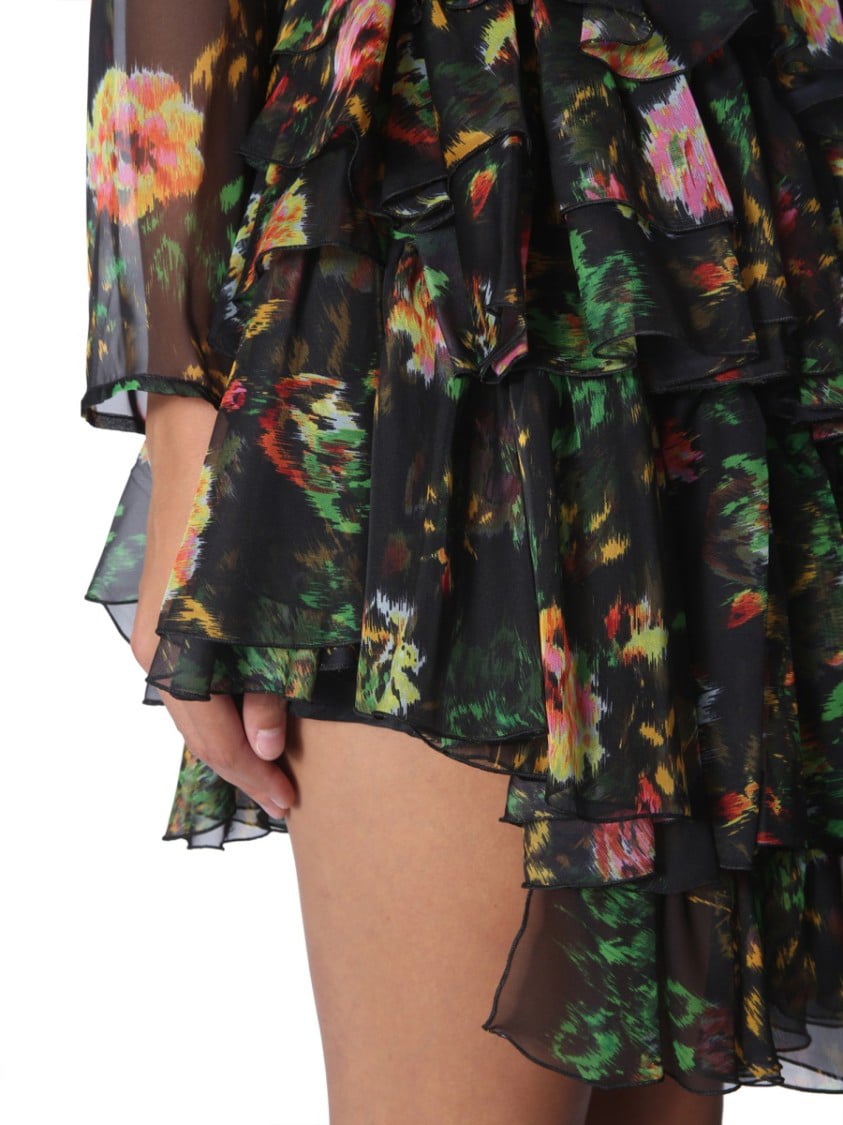 MSGM Asymmetrical Layered Ruffled Mini Dress Zwart