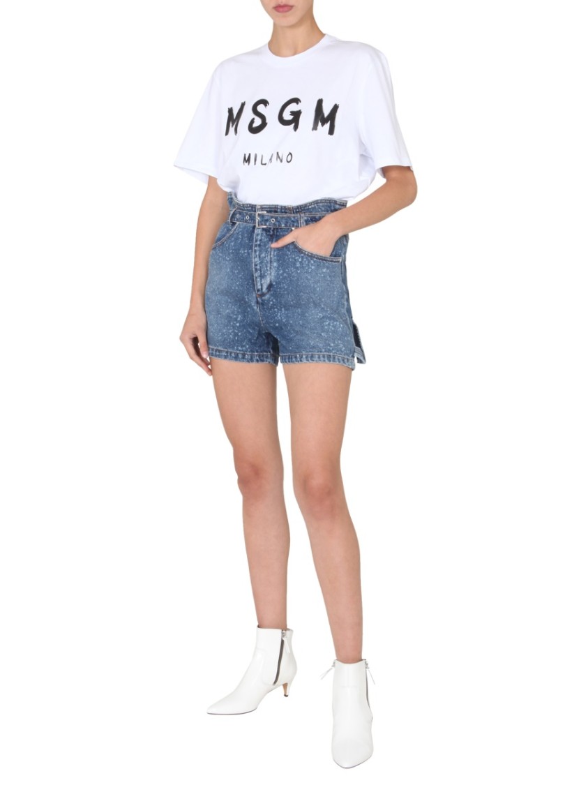 MSGM High-Waisted Denim Shorts With Paperbag Waist Blauw