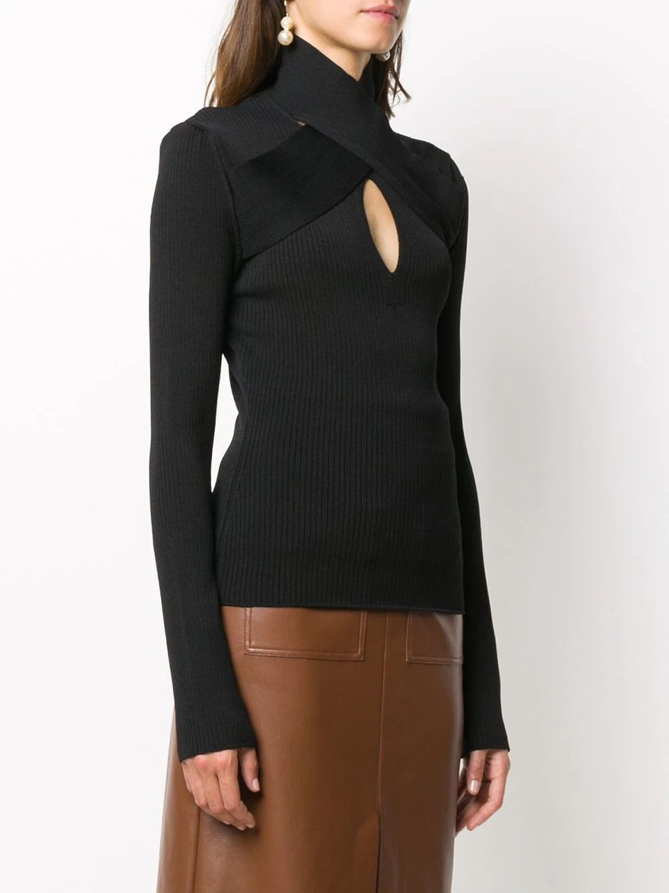 MSGM Fitted Ribbed Knit Top With Crisscross Keyhole Detail Zwart