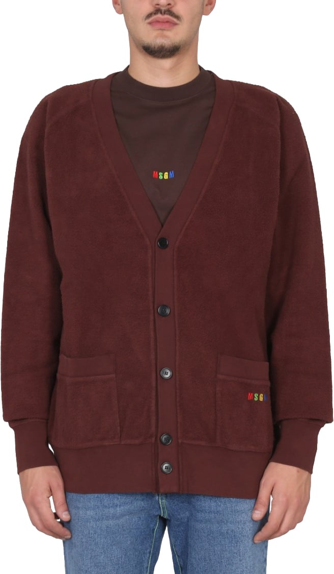 MSGM V-Neck Cardigan With Embroidered Logo Detail Zwart
