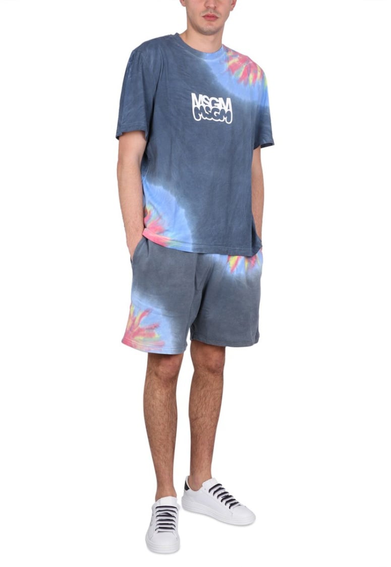 MSGM Tie-Dye T-Shirt With Bold Logo Blauw