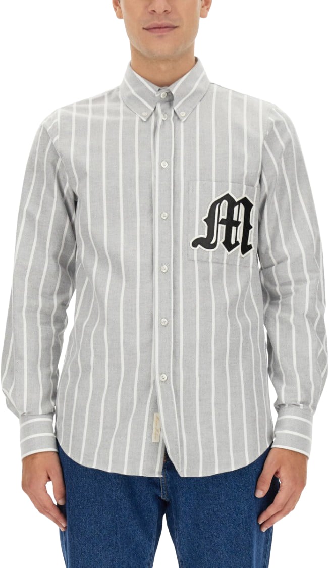 MSGM Vertical Striped Cotton Shirt With Logo Detail Wit