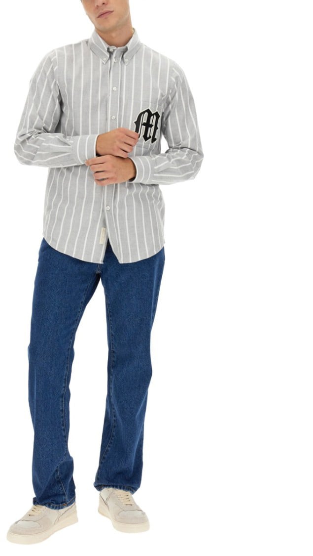 MSGM Vertical Striped Cotton Shirt With Logo Detail Wit