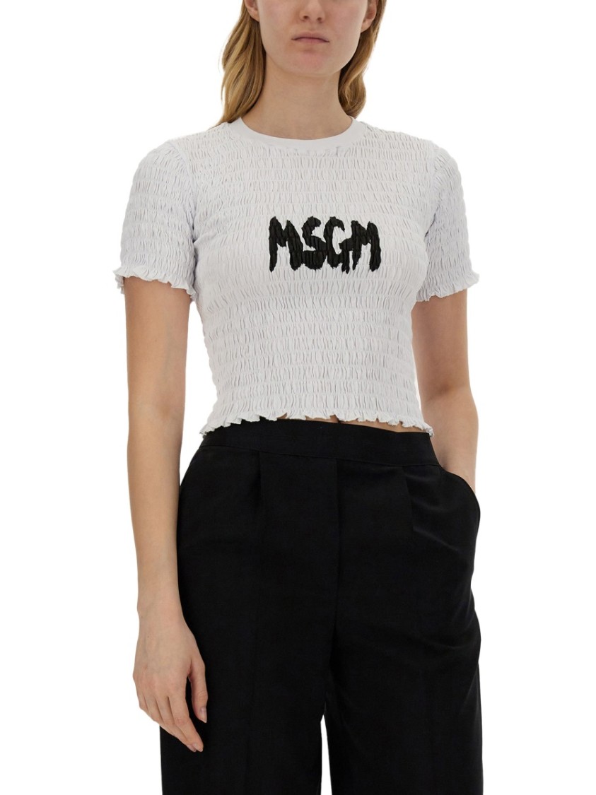MSGM Cropped T-Shirt With Logo Wit