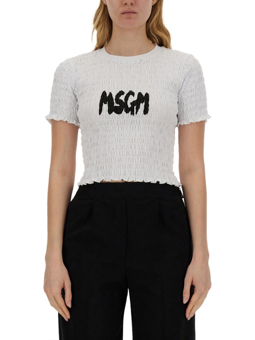 MSGM Cropped T-Shirt With Logo Wit