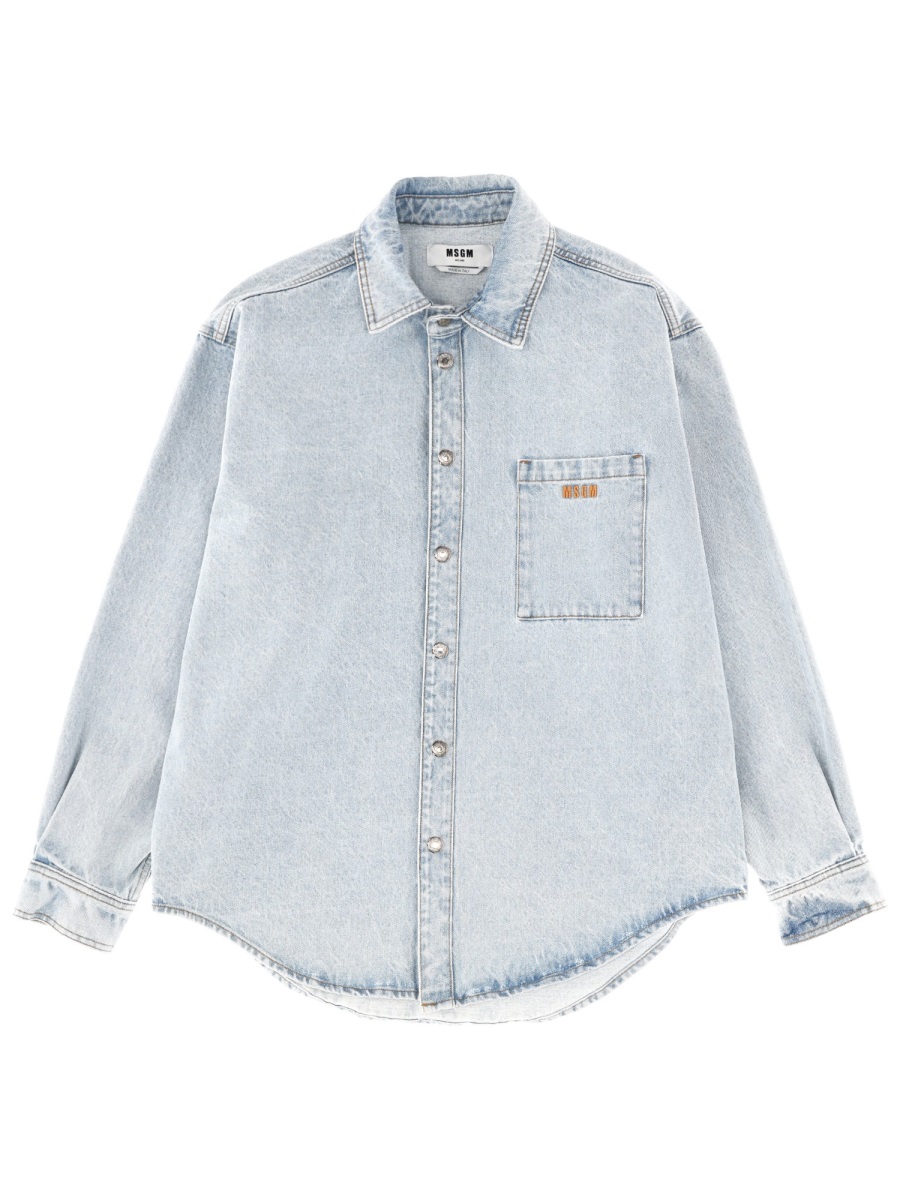 MSGM Embroidered Logo Denim Shirt Wit
