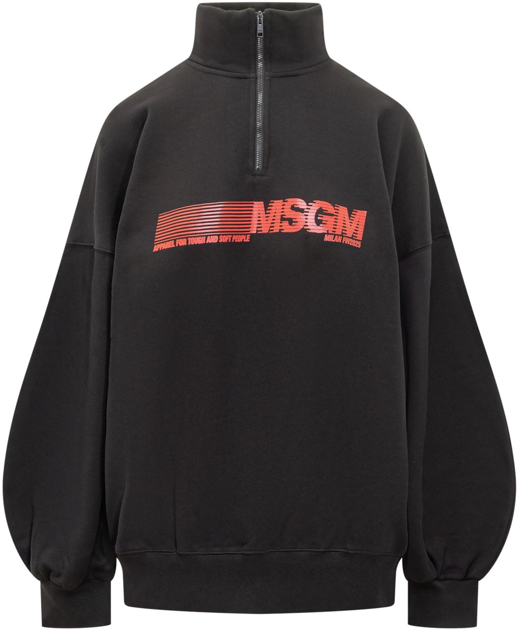 MSGM MSGM Felpa Nera con Zip e Logo Rosso Zwart