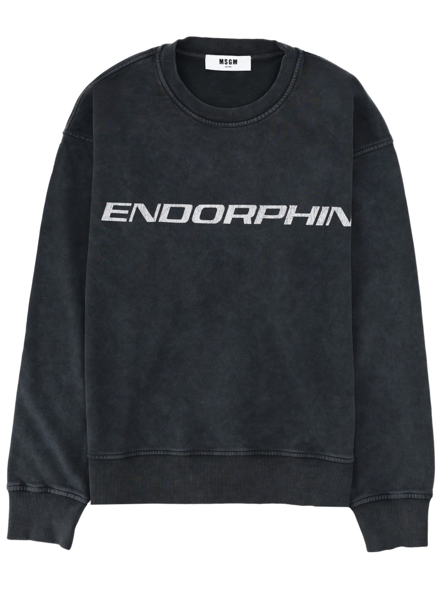 MSGM Washed Black Endorphin Text Cotton Sweatshirt Zwart