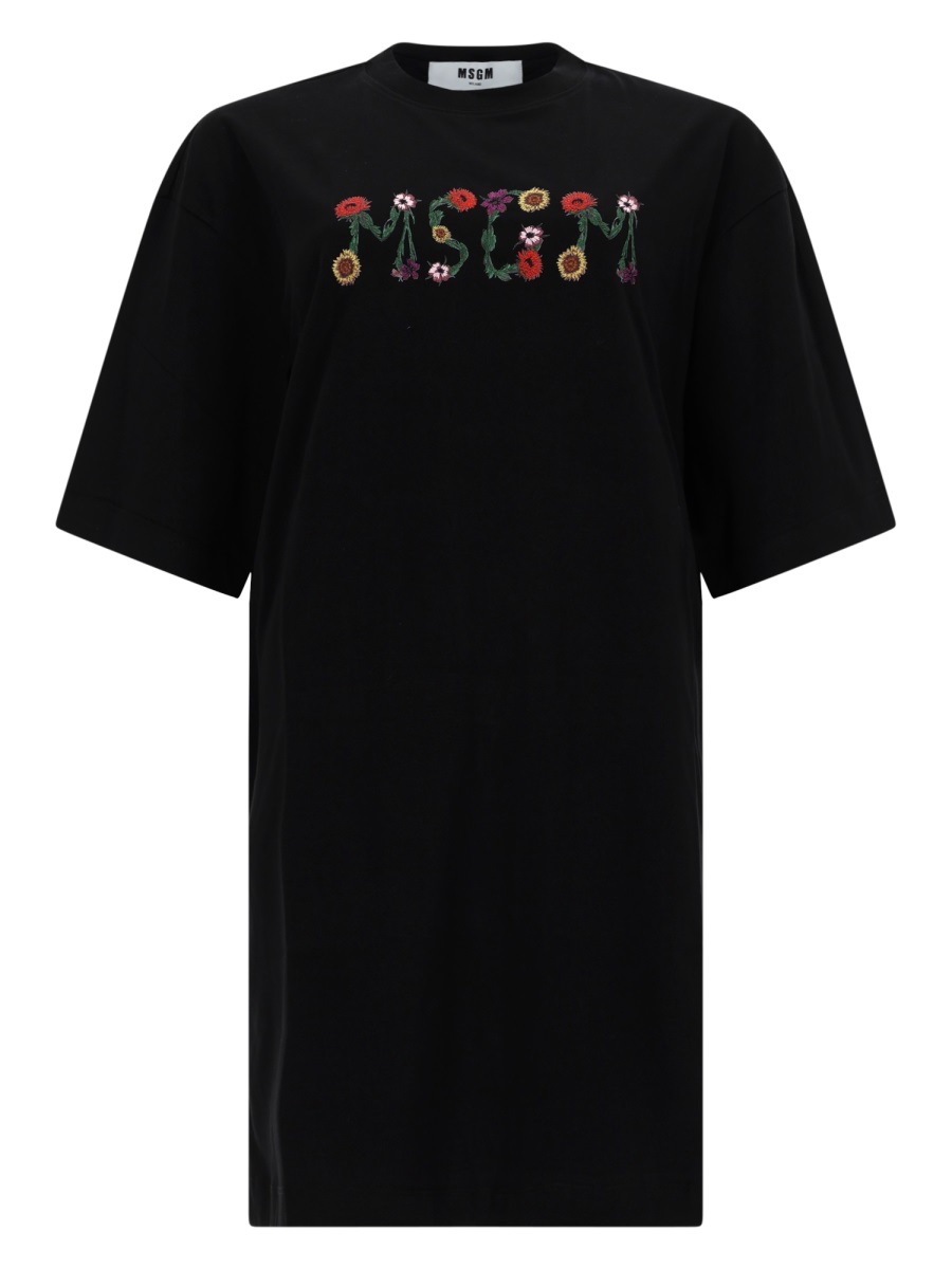 MSGM White Floral Embroidered T-Shirt Dress Zwart