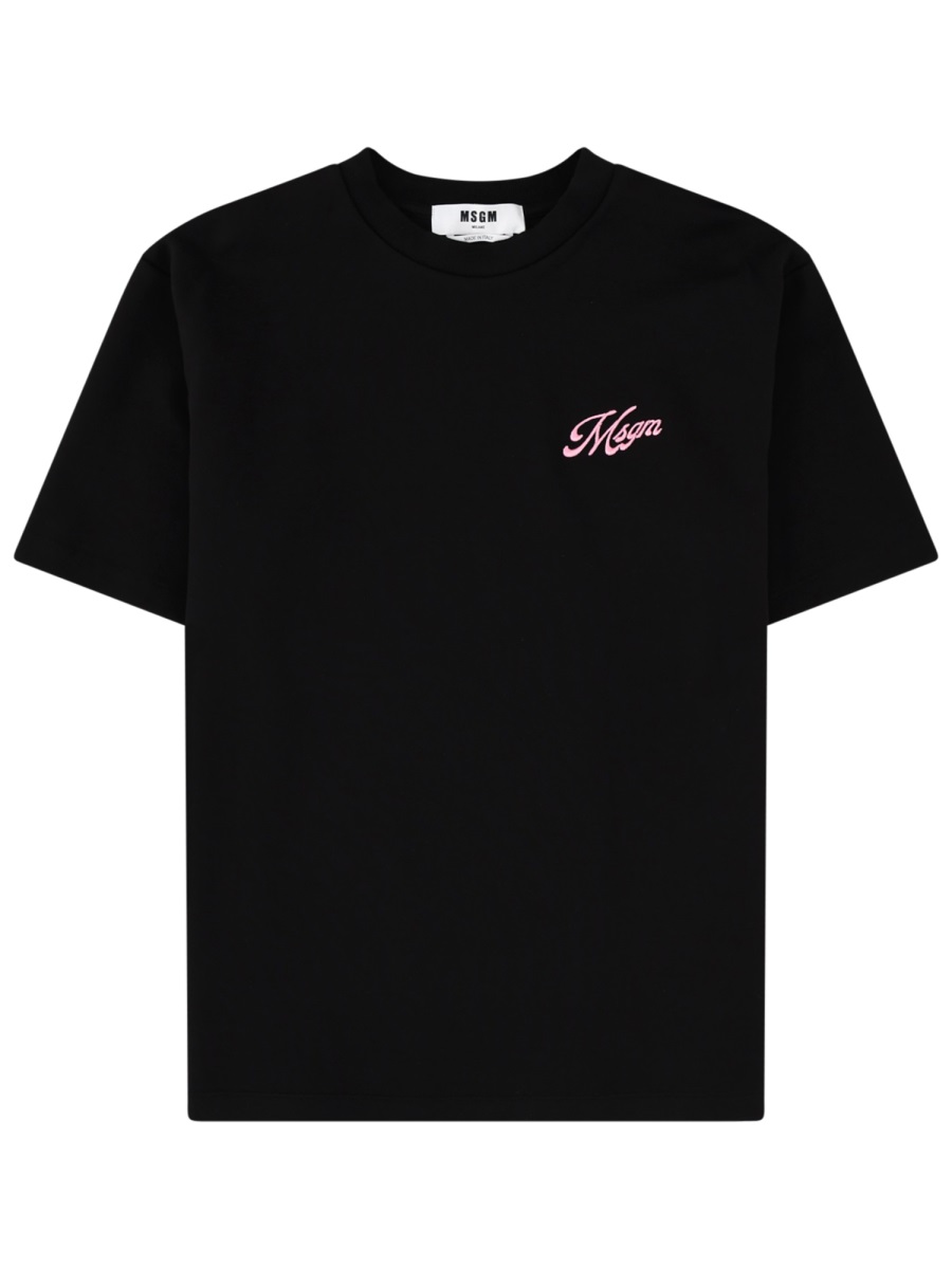 MSGM Black Logo Embroidered Cotton T-Shirt Zwart