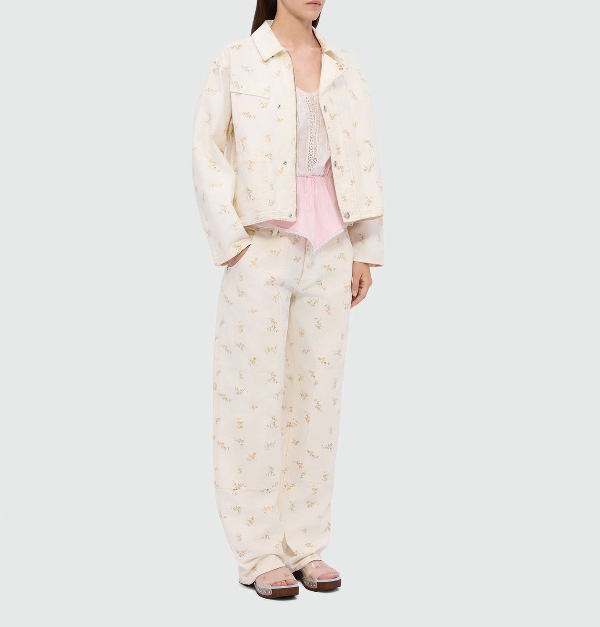 MSGM Floral Pattern Cotton Wide-Leg Pants Wit