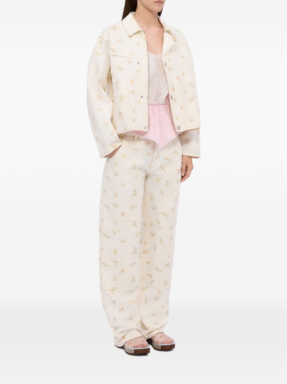 MSGM Floral Pattern Cotton Wide-Leg Pants Wit