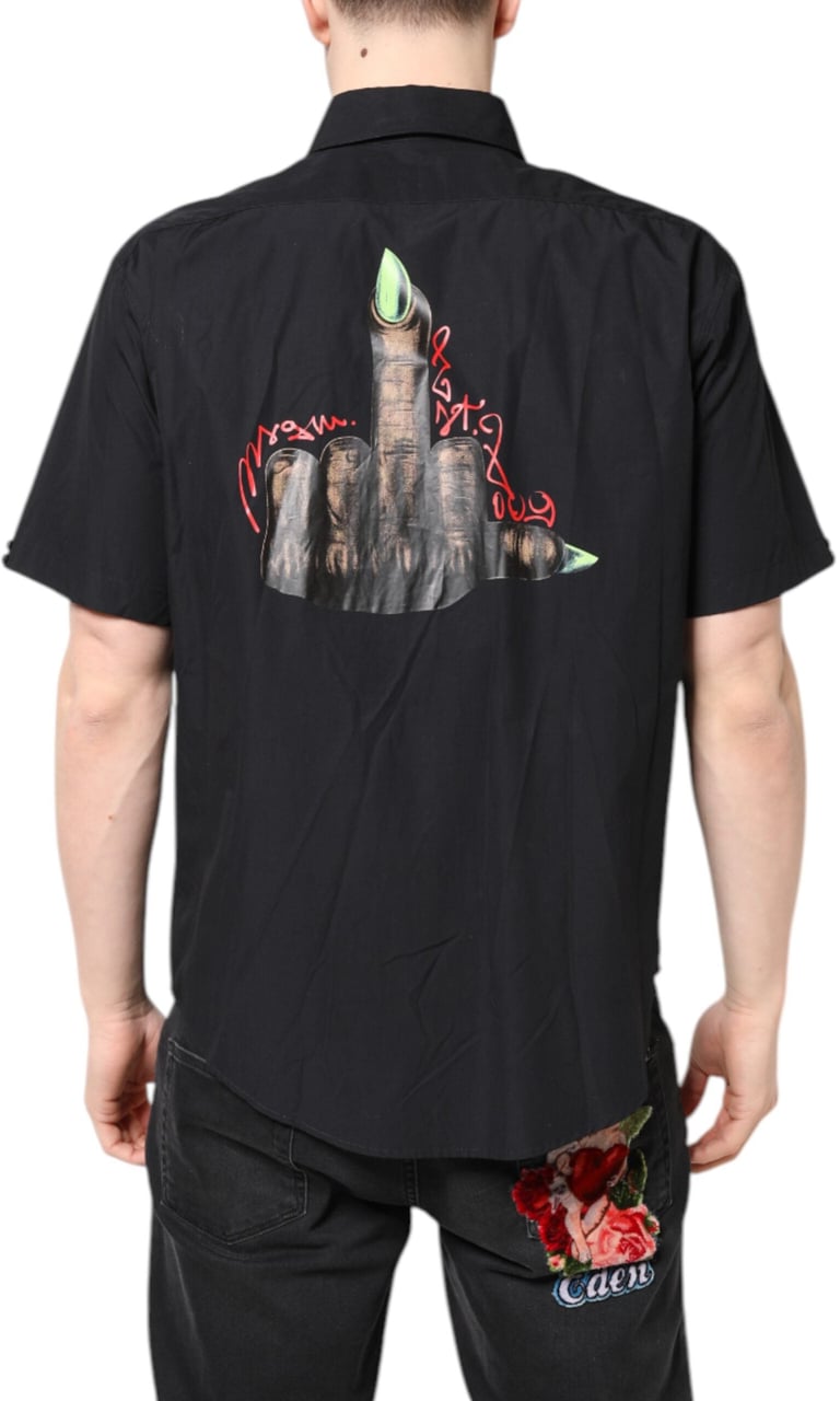 MSGM Black Printed Short Sleeves Collared Men Casual Shirt Zwart