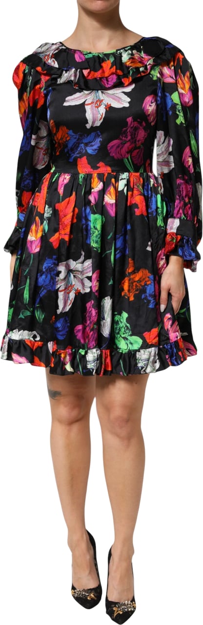 MSGM Dress Black Multicolor Floral Ruffle Long Sleeve Mini Dress Divers