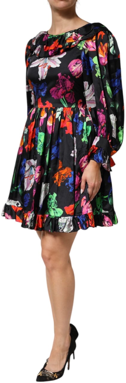MSGM Dress Black Multicolor Floral Ruffle Long Sleeve Mini Dress Divers