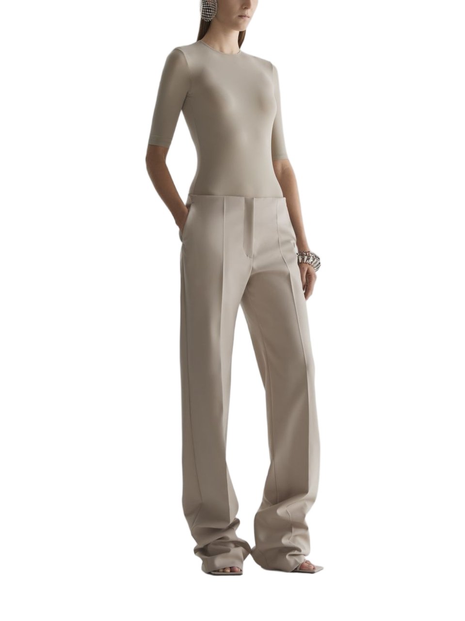 MUGLER Wide-Leg High-Waist Brown Trousers with Central Crease Bruin
