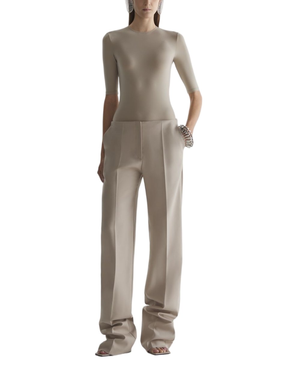 MUGLER Wide-Leg High-Waist Brown Trousers with Central Crease Bruin