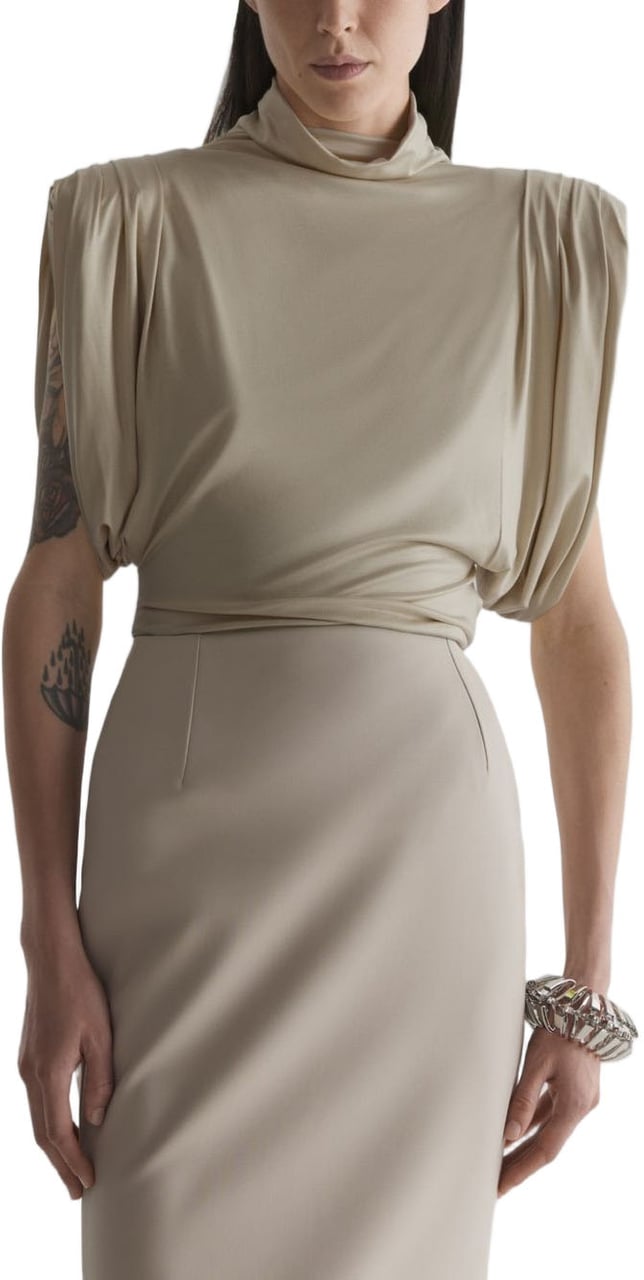 MUGLER Brown High-Neck Top with Structured Puff Sleeves Bruin