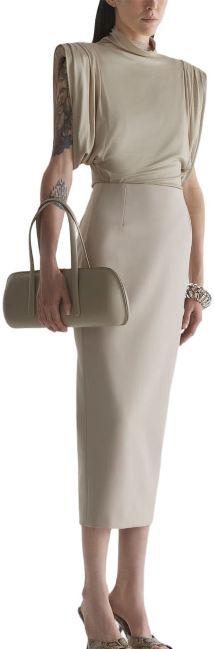 MUGLER Brown High-Neck Top with Structured Puff Sleeves Bruin