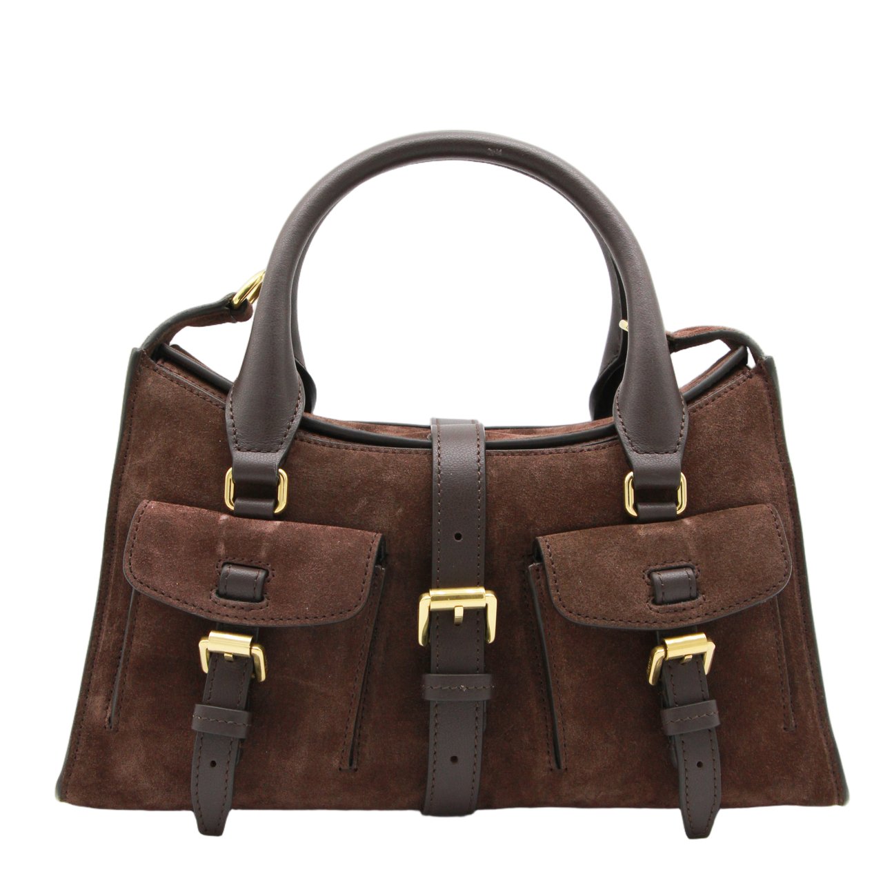 Mulberry Structured Brown Suede Handbag With Gold-Tone Hardware And Versatile Design Zwart