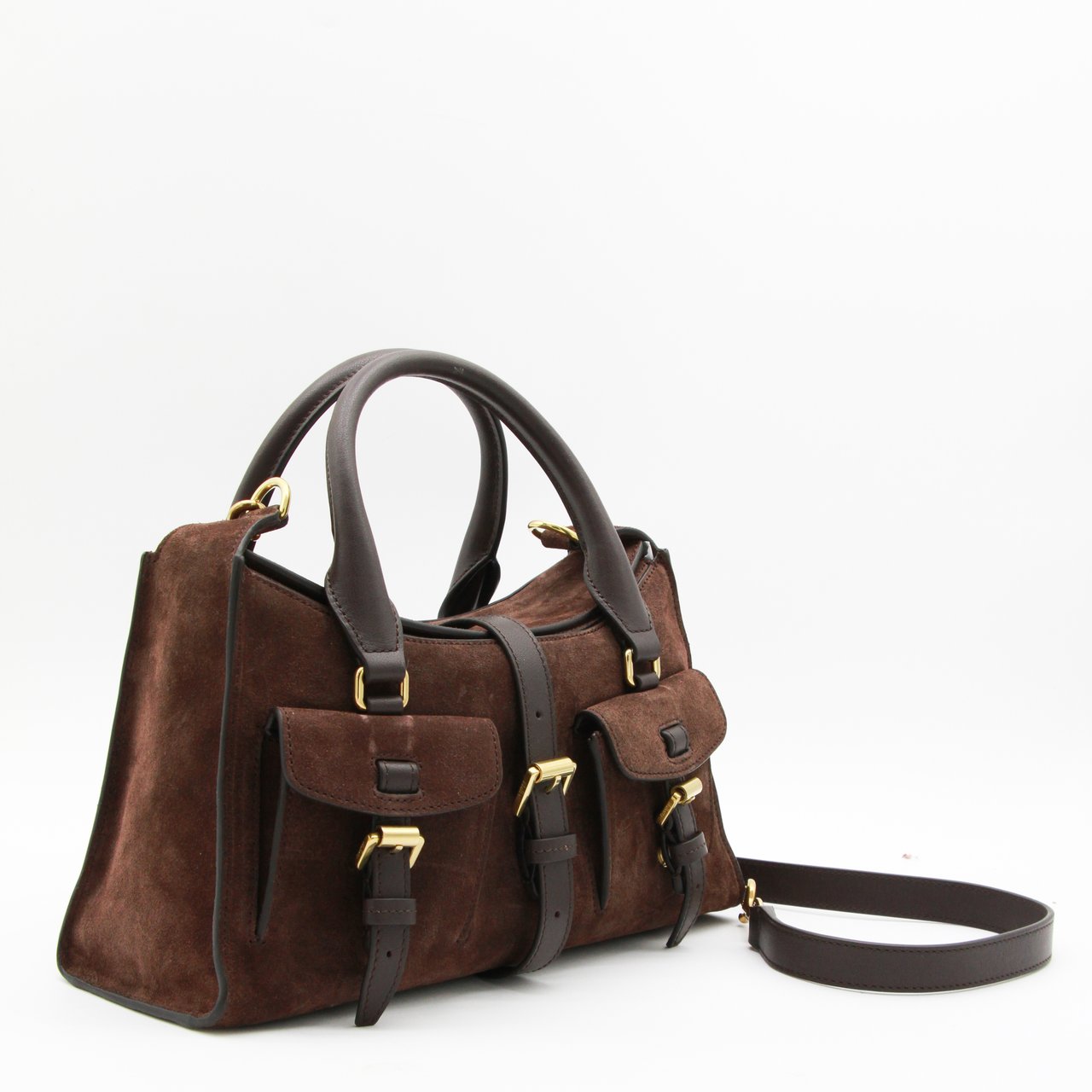 Mulberry Structured Brown Suede Handbag With Gold-Tone Hardware And Versatile Design Zwart