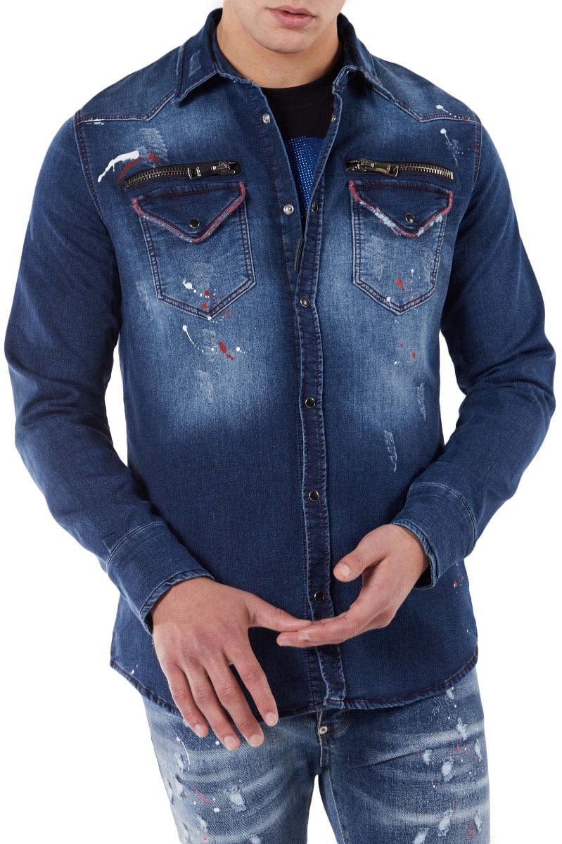 My Brand RED WHITE DESTROYED SHIRT | BLUE Blauw
