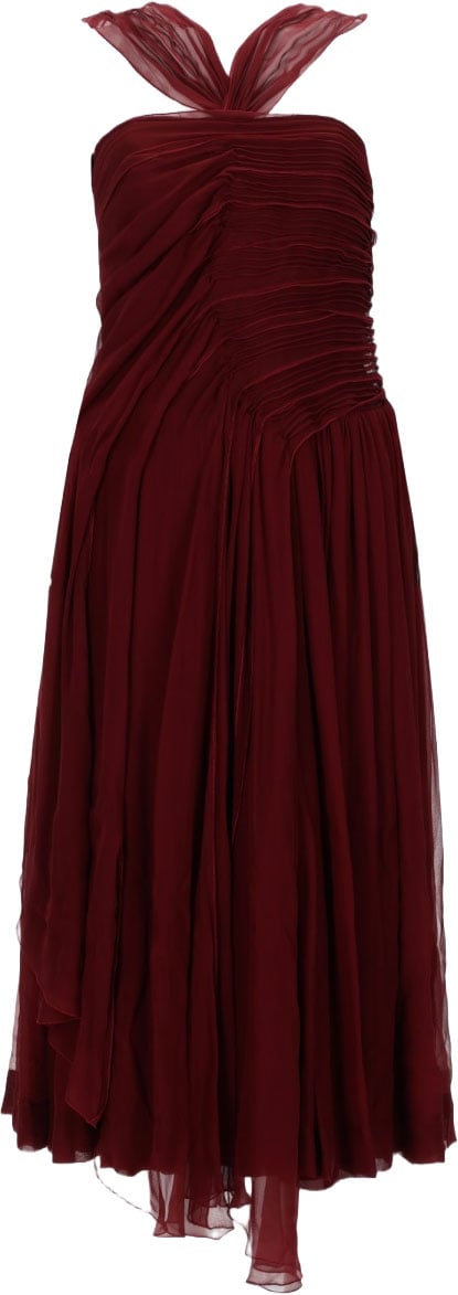 N 21 Burgundy Strapless Midi Dress with Ruched Bodice Maroon