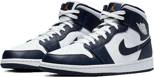 Nike Air Jordan 1 Mid White Metallic Gold Obsidian Blauw