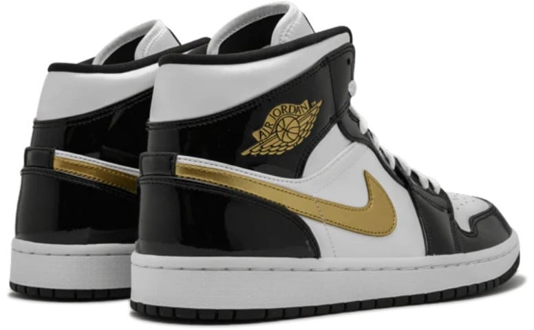 Nike Air Jordan 1 Mid Patent Black White Gold Zwart