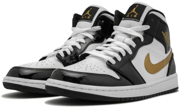 Nike Air Jordan 1 Mid Patent Black White Gold Zwart