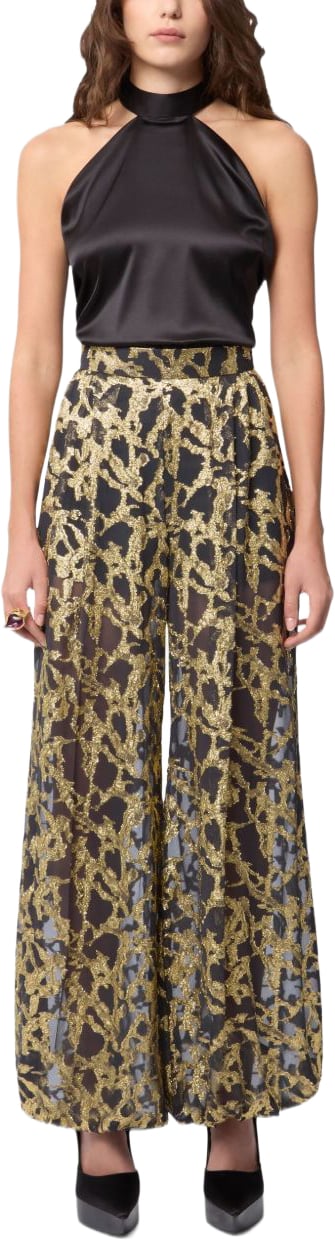 Nina Ricci Gold Marble-Effect Silk Wide-Leg Trousers Bruin