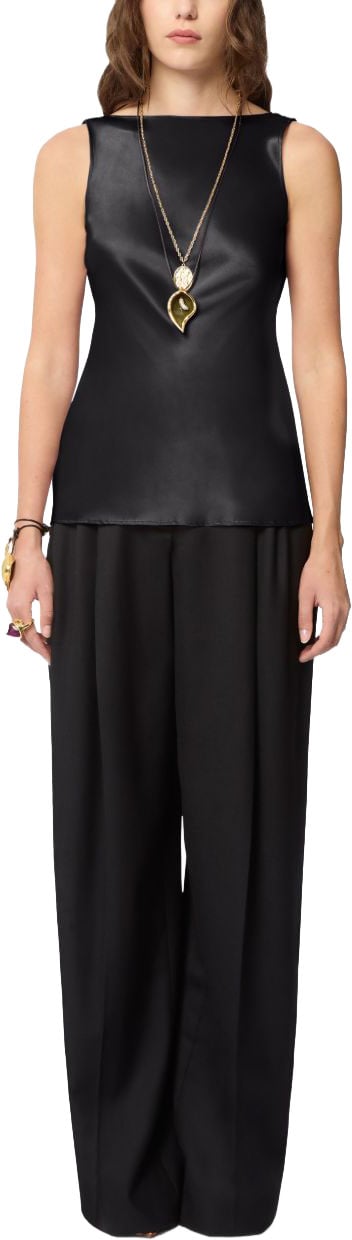 Nina Ricci Draped Black Satin Top With Boat Neckline Zwart