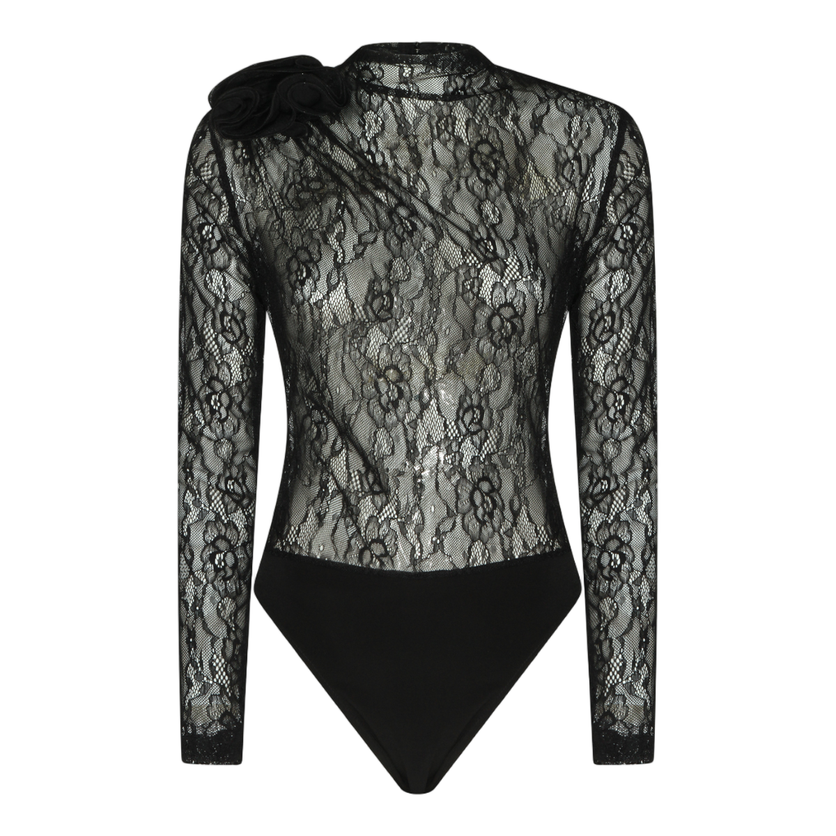 Nissa Fitted Black Lace Bodysuit With Floral Detail Grijs