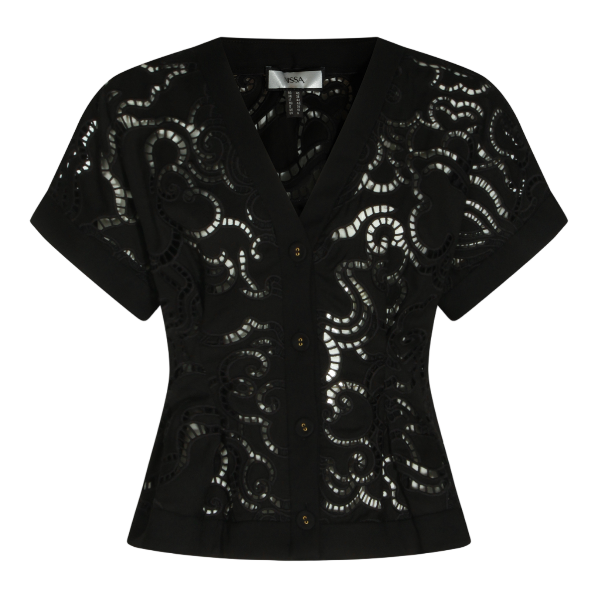 Nissa Fitted Black Tops with Lace Cutouts and V-Neckline Zwart