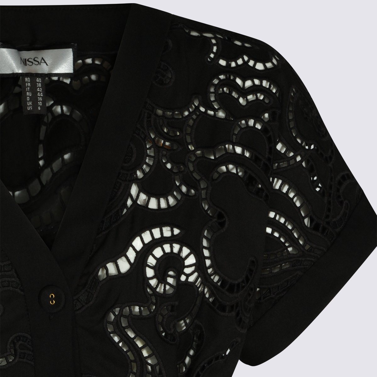 Nissa Fitted Black Tops with Lace Cutouts and V-Neckline Zwart