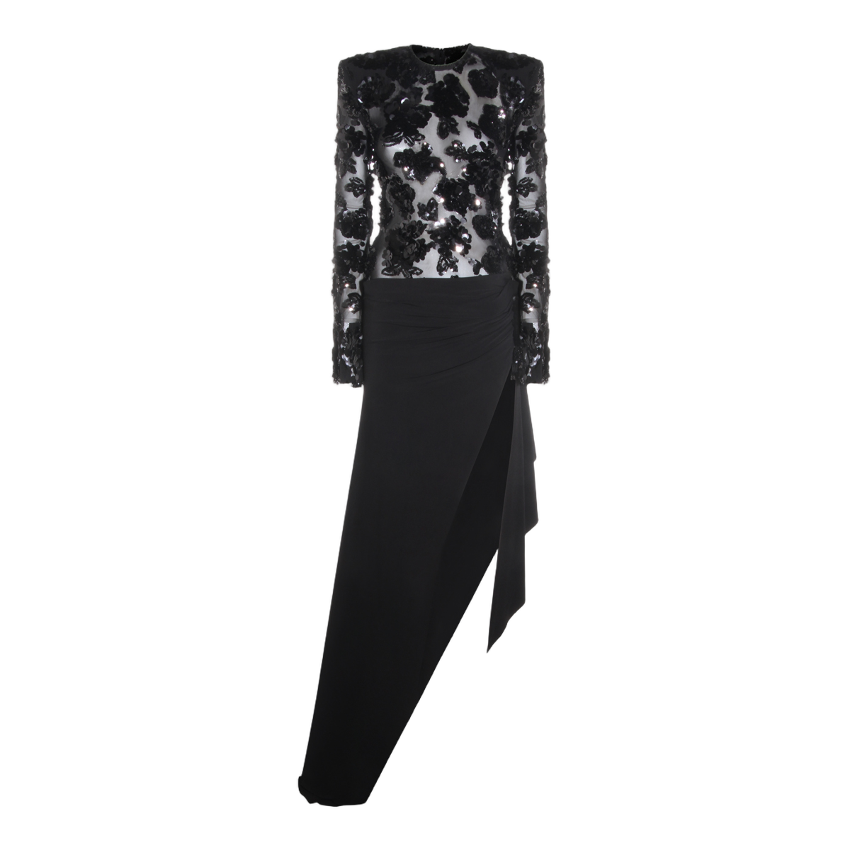 Nissa Asymmetrical Black Sequined Floral Appliqué Dress Zwart