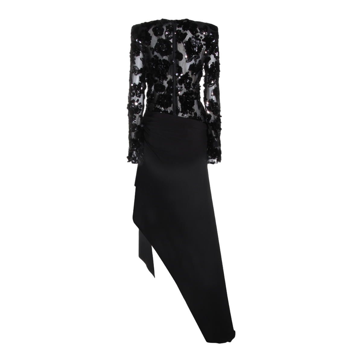 Nissa Asymmetrical Black Sequined Floral Appliqué Dress Zwart