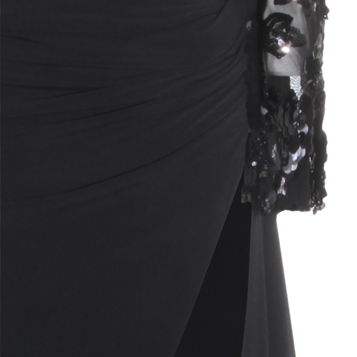 Nissa Asymmetrical Black Sequined Floral Appliqué Dress Zwart