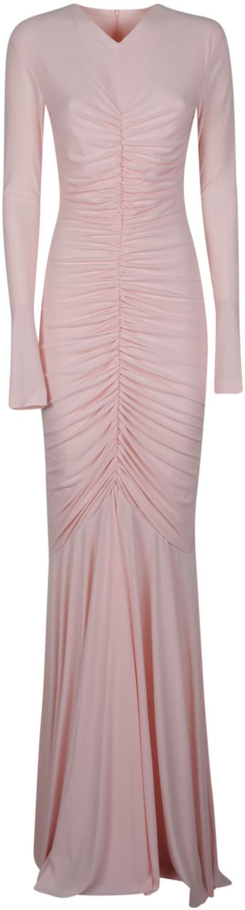 Norma Kamali Long Sleeve V Neck Shirred Front Fishtail Long Dress Pink Roze
