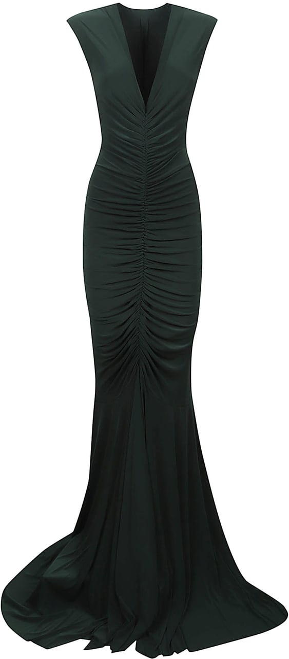 Norma Kamali Sleeveless Depp V Neck Shirred Front Fishtail Dress Green Groen