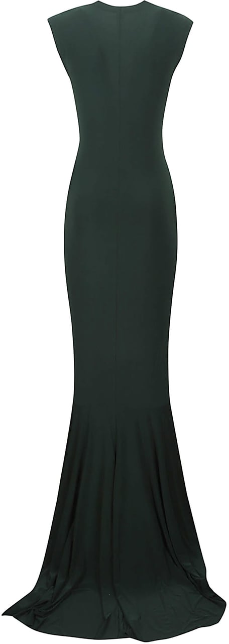 Norma Kamali Sleeveless Depp V Neck Shirred Front Fishtail Dress Green Groen