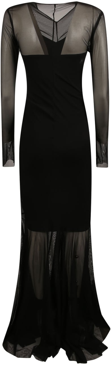 Norma Kamali Long Sleeve V Neck Shirred Front Fishtail Long Dress Black Zwart