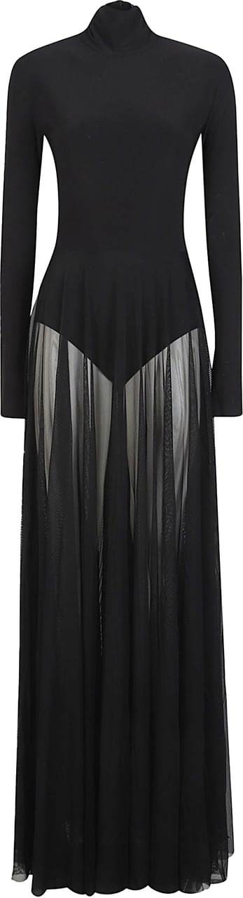 Norma Kamali Long Sleeve Turtle Neck Flares Whit Bodysuit Long Dress Black Zwart