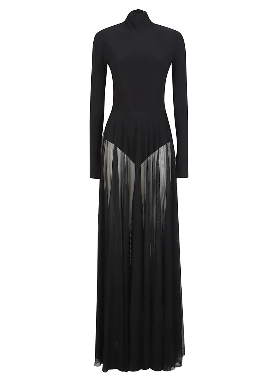 Norma Kamali Long Sleeve Turtle Neck Flares Whit Bodysuit Long Dress Black Zwart
